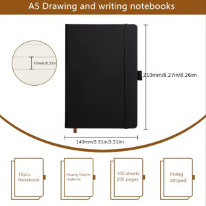 10 Pack Notebooks Journals Bulk with 10 Black Pens, A5 Hardcover Notebook Classic Ruled Journal Set with Pen Holder for School Business Work Travel Writing, 5.51&quote;x8.3&quote;, Black