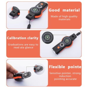 Arsvita 7-in-1 Multifunctional Outdoor Survival Whistle, Compass, Thermometer, LED Reflector, Magnifier with Lanyard, Two-Piece Set