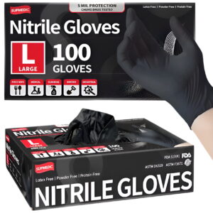 Supmedic Latex Free Nitrile Disposable Gloves, Large, Black, 100 Count