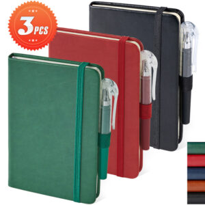 3 Pack Pocket Notebook Journals With Pen, A6 Hardcover Small Mini Notebook with 100GSM Lined Paper, Small Notepad with Pen Holder, Leather Cover, 408 Pages, 3.7&quote; X 5.7&quote;