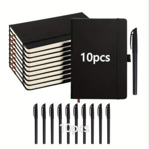 10 Pack Notebooks Journals Bulk with 10 Black Pens, A5 Hardcover Notebook Classic Ruled Journal Set with Pen Holder for School Business Work Travel Writing, 5.51&quote;x8.3&quote;, Black