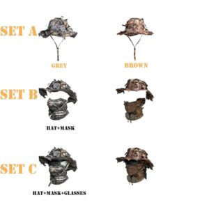 Tactical Camo Leaf Boonie Hat, 3D Summer Fisherman Cap with Mask & Goggles Options, Outdoor Jungle Stealth Gear Set ABC
